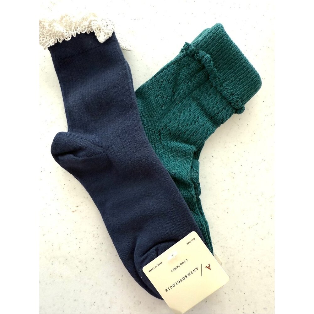 Anthropologie Women's Socks 2 pair, One Size, Blue Green Ruffled Ankle